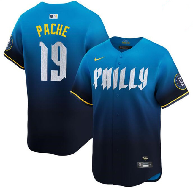 Men's Philadelphia Phillies #19 Cristian Pache Blue 2024 City Connect Limited Stitched Jersey Men's Philadelphia Phillies #19 Cristian Pache Blue 2024 City Connect Limited Stitched Jersey